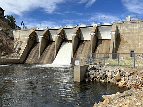 Water being released from Lake Estes at Olympus Dam (May 2022)